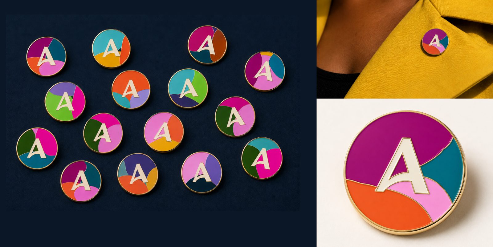Enamel pins with the monogram on mosaic circles