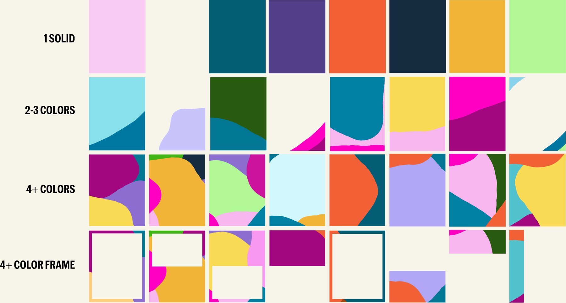 Grid of social tiles showing the four tiers: solid, two to three colors, four or more, and color frame
